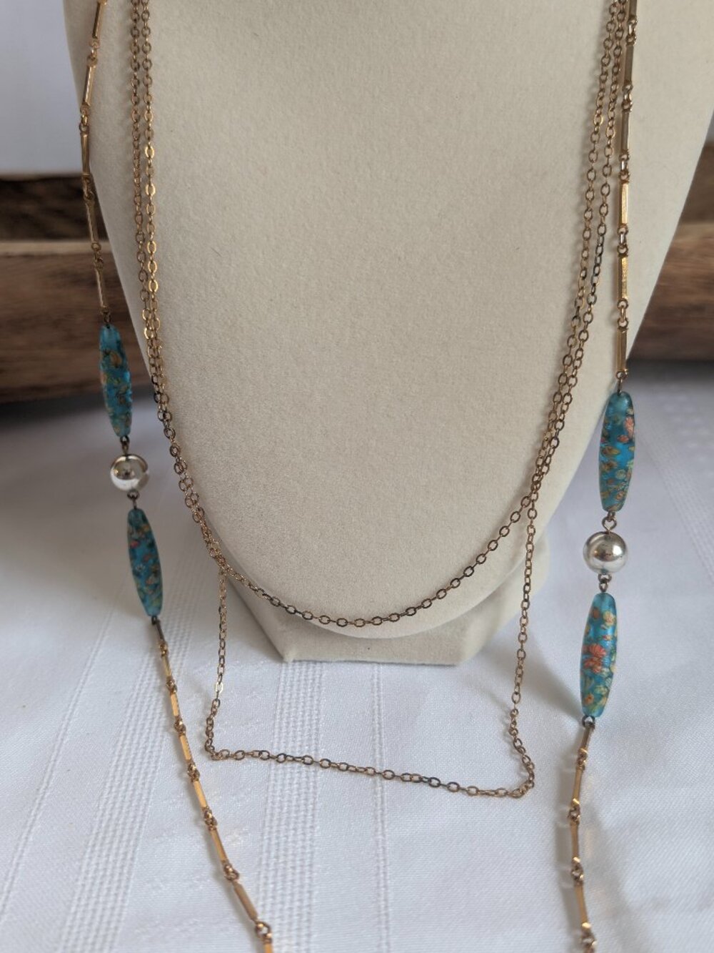 Vintage Three Strand Venetian Murano Wedding Fused Glass Bead Necklace